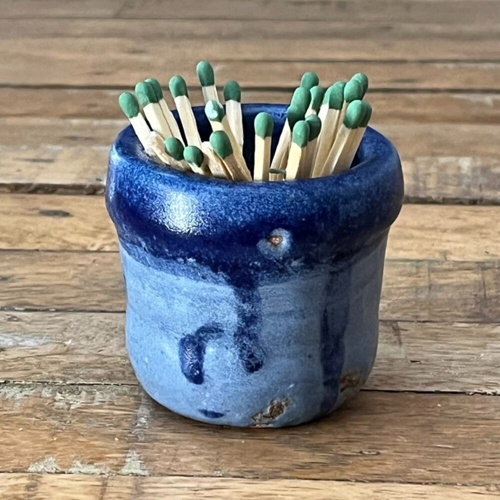 Art Studio Pottery Stoneware Vase 2.5" Blue Glaze Drip Perfect Match Holder